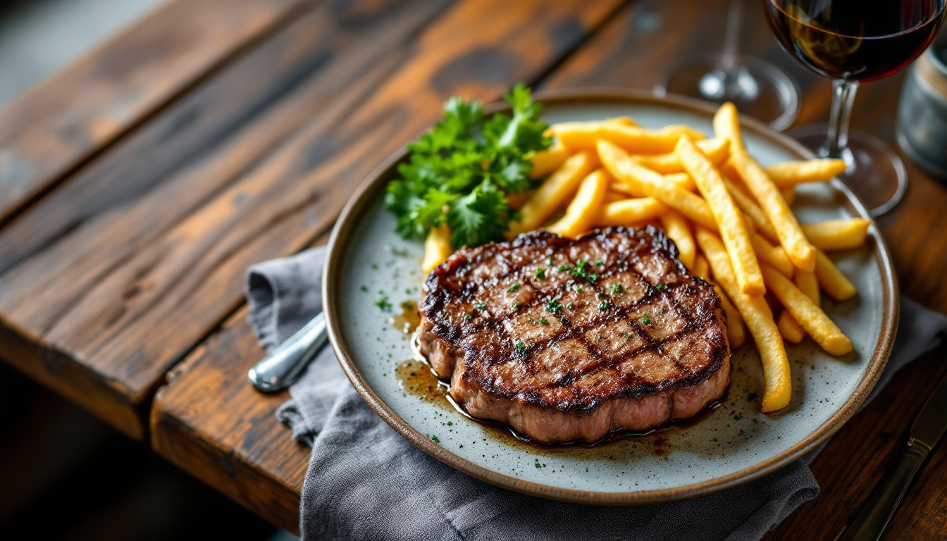 Classic French bistro steak frites with red wine at a Paris brasserie