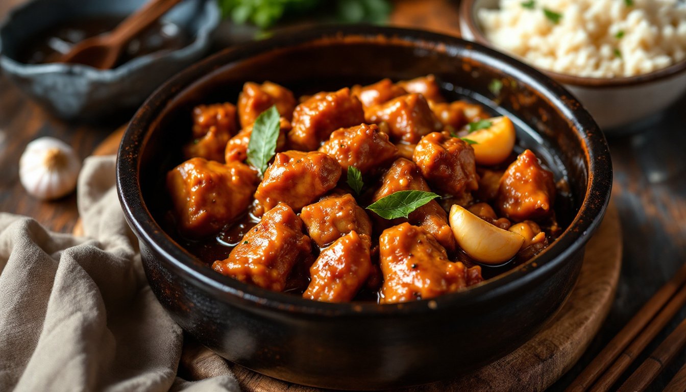 Filipino chicken and pork adobo in a clay pot with garlic, bay leaves and rice