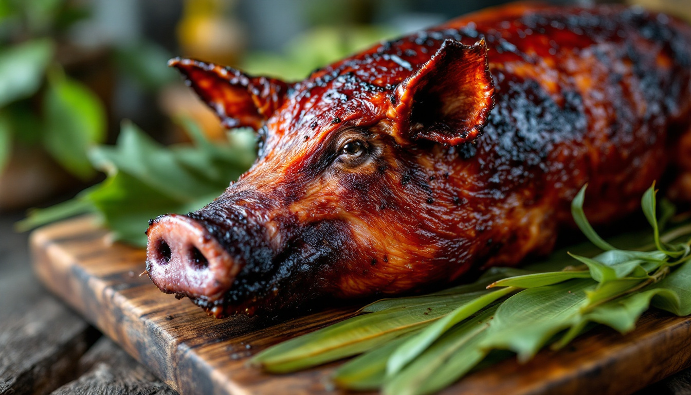 Cebu lechon, whole roast pig with crackling mahogany-red crispy skin at a Filipino fiesta