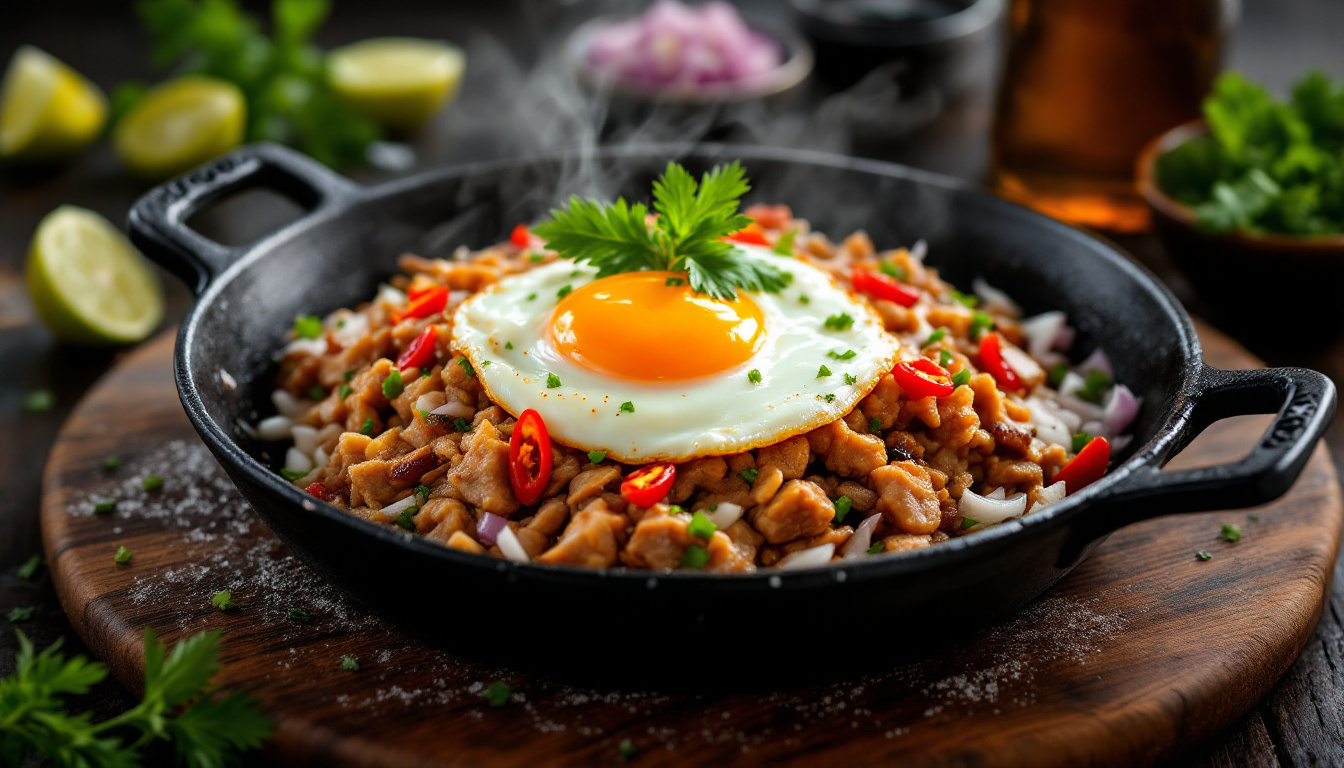 Filipino sisig on a sizzling plate with chopped pork, egg and calamansi