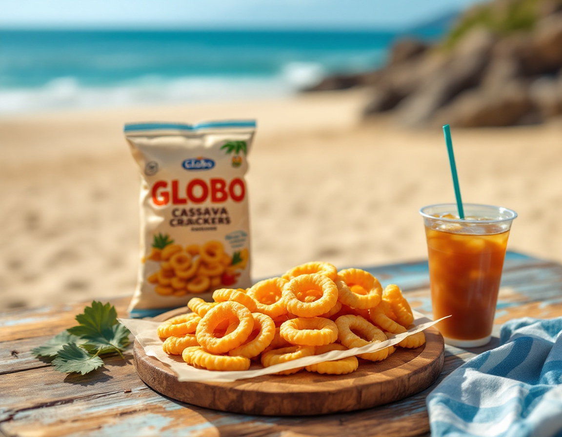 Rio de Janeiro beach snack of biscoito Globo ring crackers and a cup of iced sweet mate tea on a Copacabana kiosk table