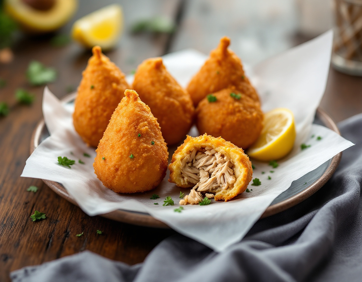 Brazilian coxinha, golden teardrop-shaped fried snacks filled with shredded chicken, a classic Rio boteco bite