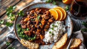 Brazilian feijoada, a black bean and pork stew served with rice, collard greens, farofa and orange, the defining dish of a Rio de Janeiro weekend