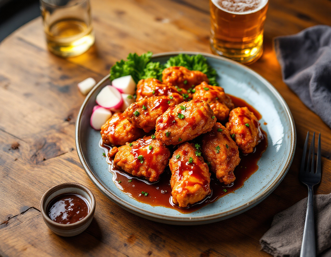 Korean chimaek fried chicken with yangnyeom sauce and beer in a Seoul restaurant