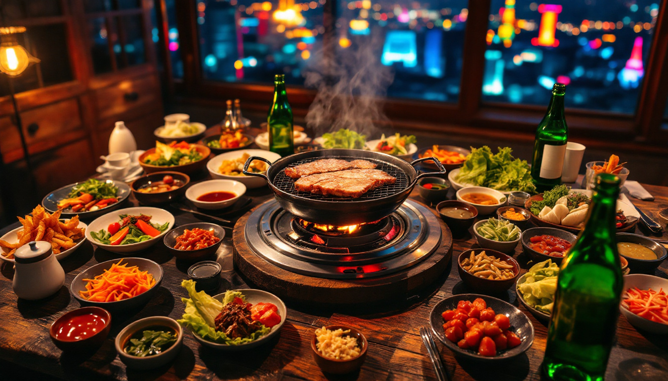 Seoul Korean BBQ table with charcoal grill, samgyeopsal pork belly, banchan side dishes and soju bottles