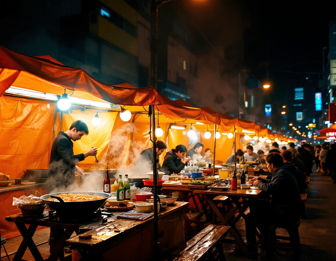 Seoul pojangmacha street food tent glowing orange at night with tteokbokki and soju