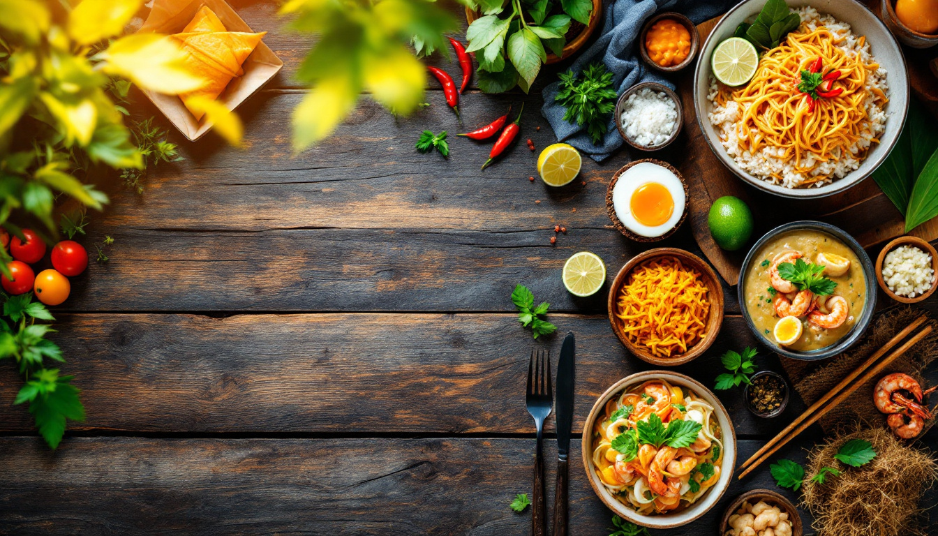 Thai feast with pad thai, green curry, tom yum, som tum and mango sticky rice on a banana leaf table