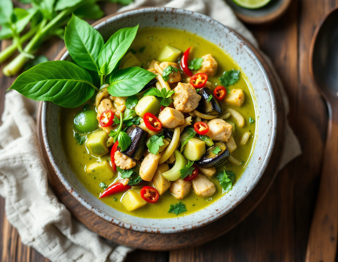 Thai green curry with chicken, Thai basil and eggplant served with jasmine rice
