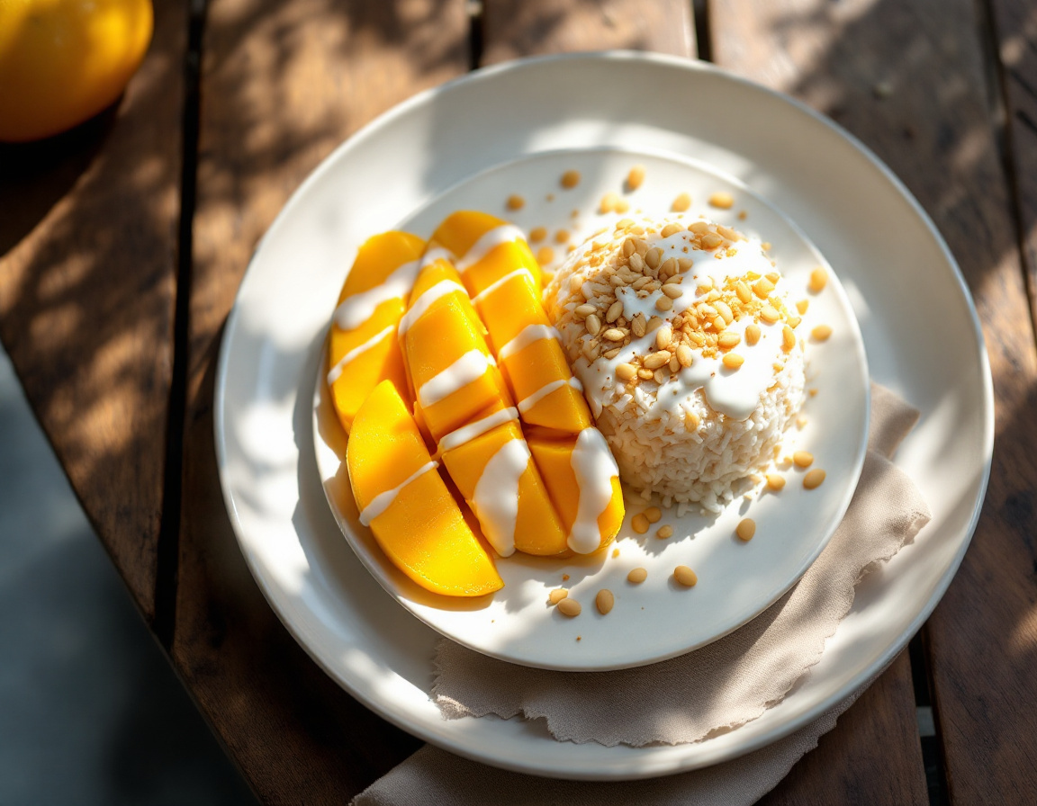 Thai mango sticky rice with golden mango, coconut cream and crispy mung beans