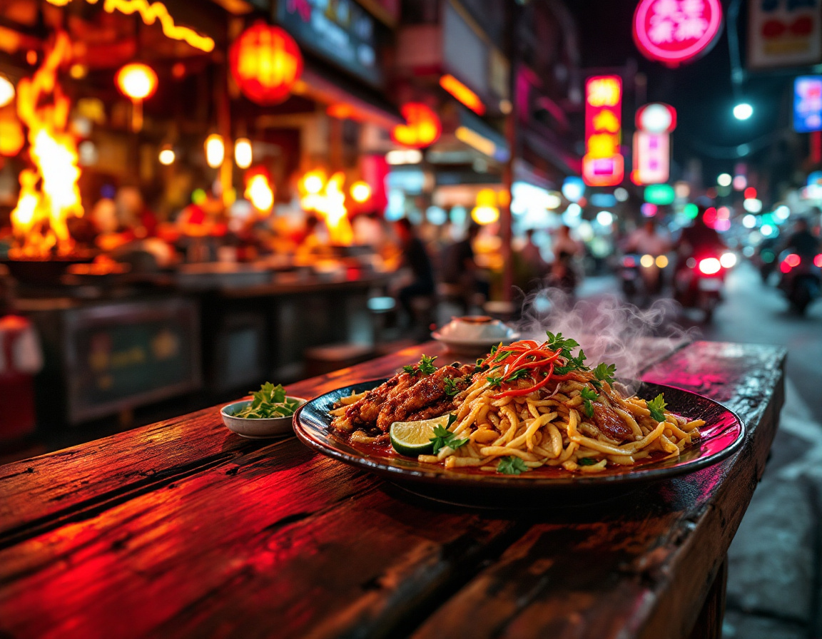 Yaowarat Road Bangkok Chinatown at night with neon signs, wok flames and street food stalls