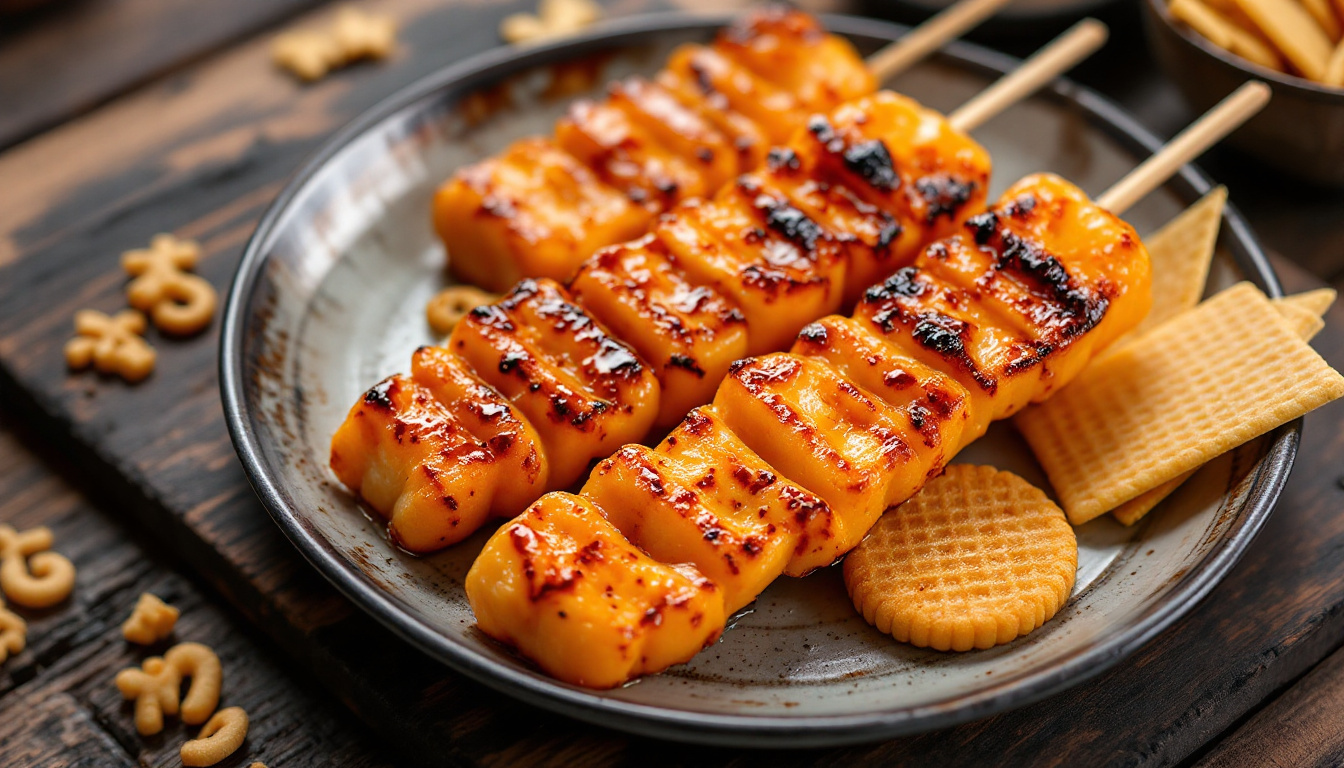 Grilled mitarashi dango skewers and senbei rice crackers, classic Asakusa street snacks