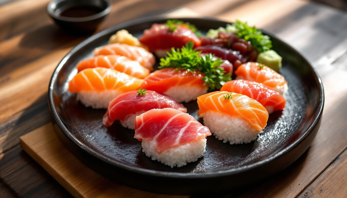 Assorted nigiri sushi and sashimi platter in Tokyo