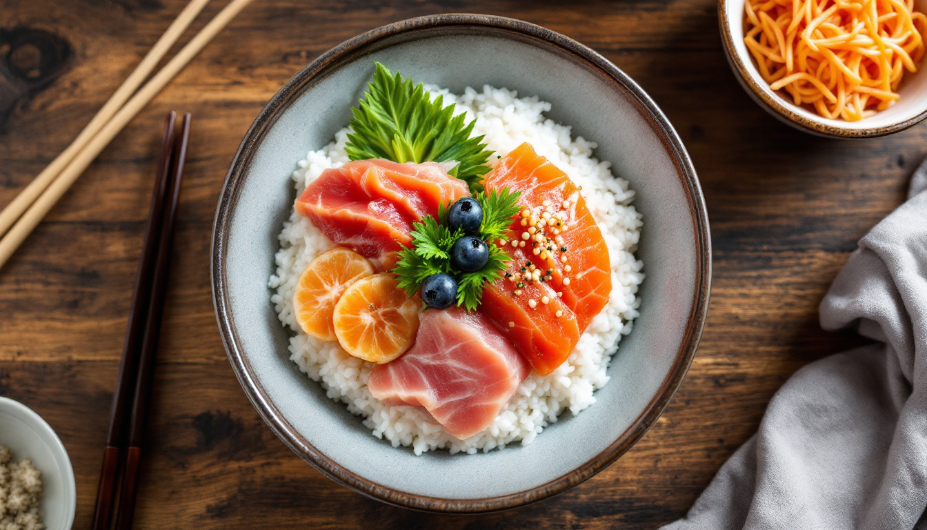 A kaisendon seafood rice bowl topped with fresh tuna, salmon, uni and salmon roe, Tsukiji outer market style