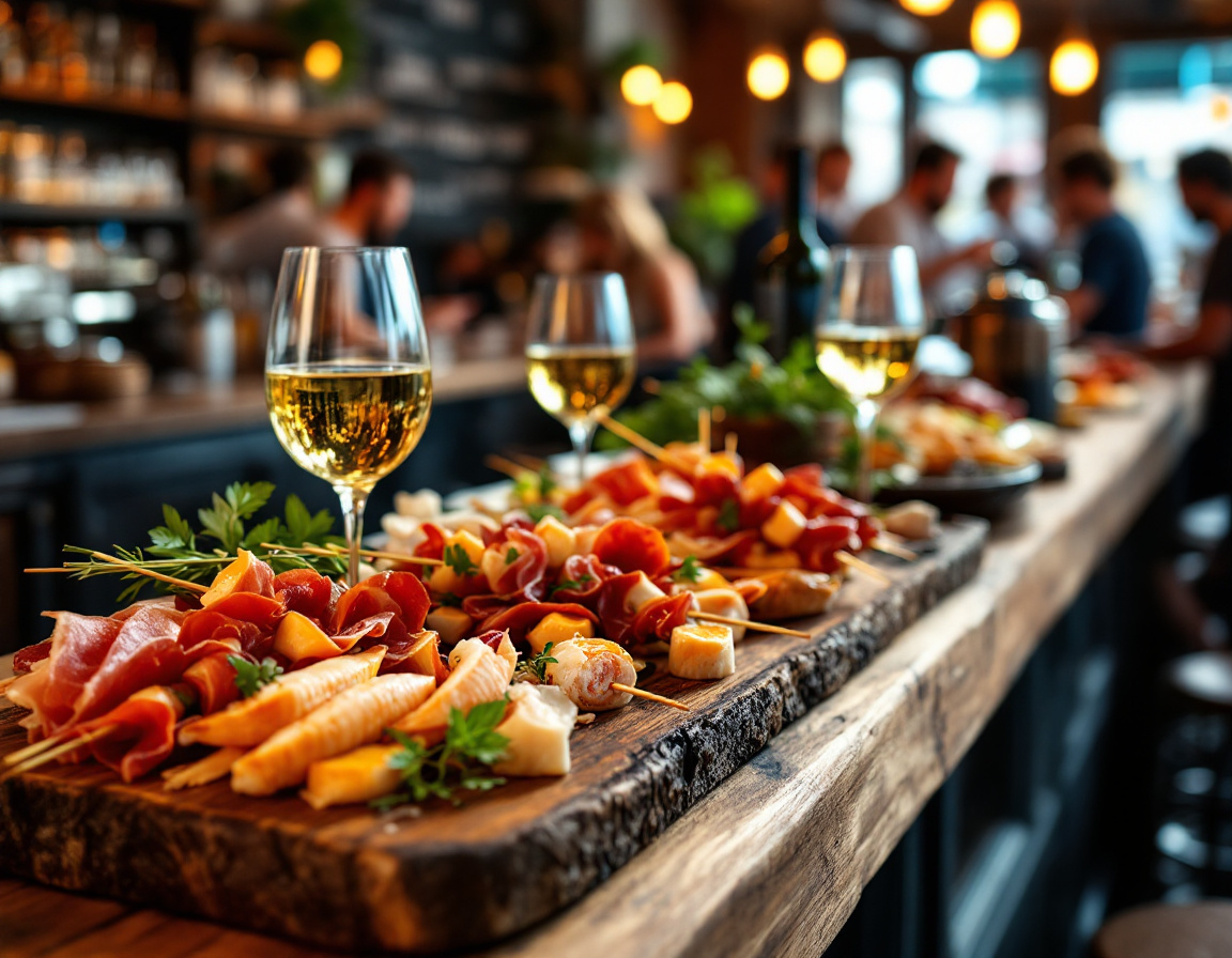 A San Sebastian pintxos bar counter piled high with Basque skewered bites