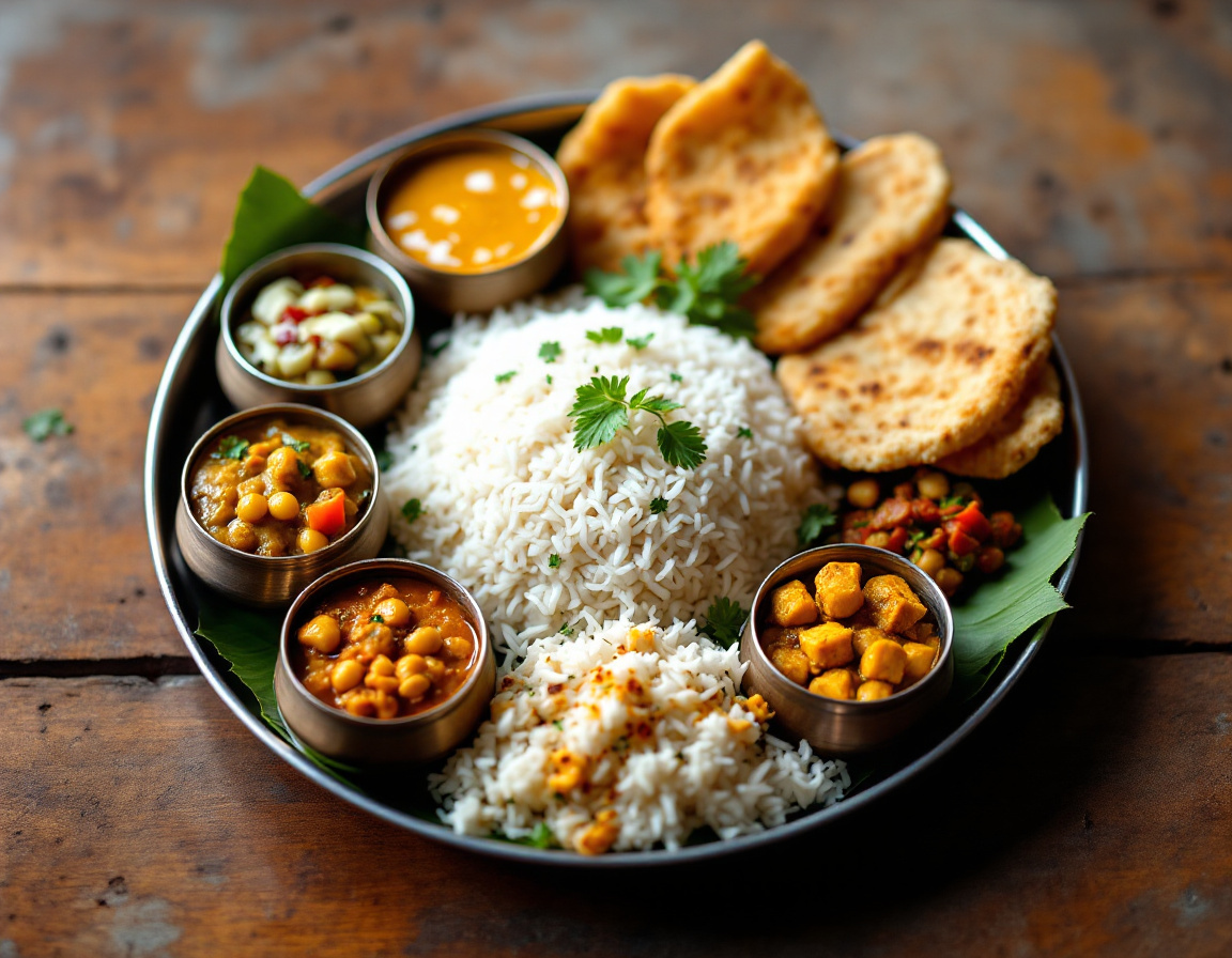Indian vegetarian thali with dal, paneer curry, chana masala, rice, roti and small katori bowls