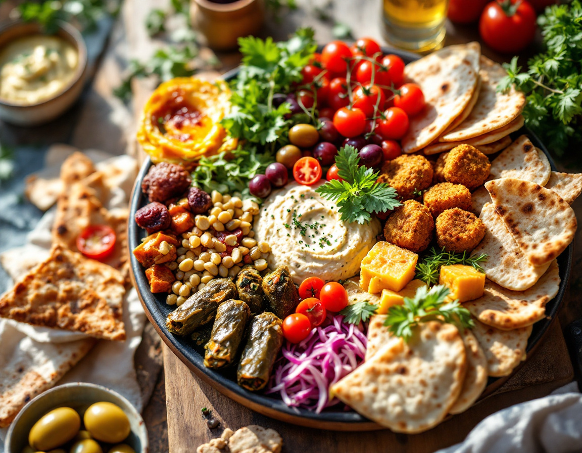 Middle Eastern vegetarian mezze with hummus, baba ganoush, falafel, tabbouleh and warm pita