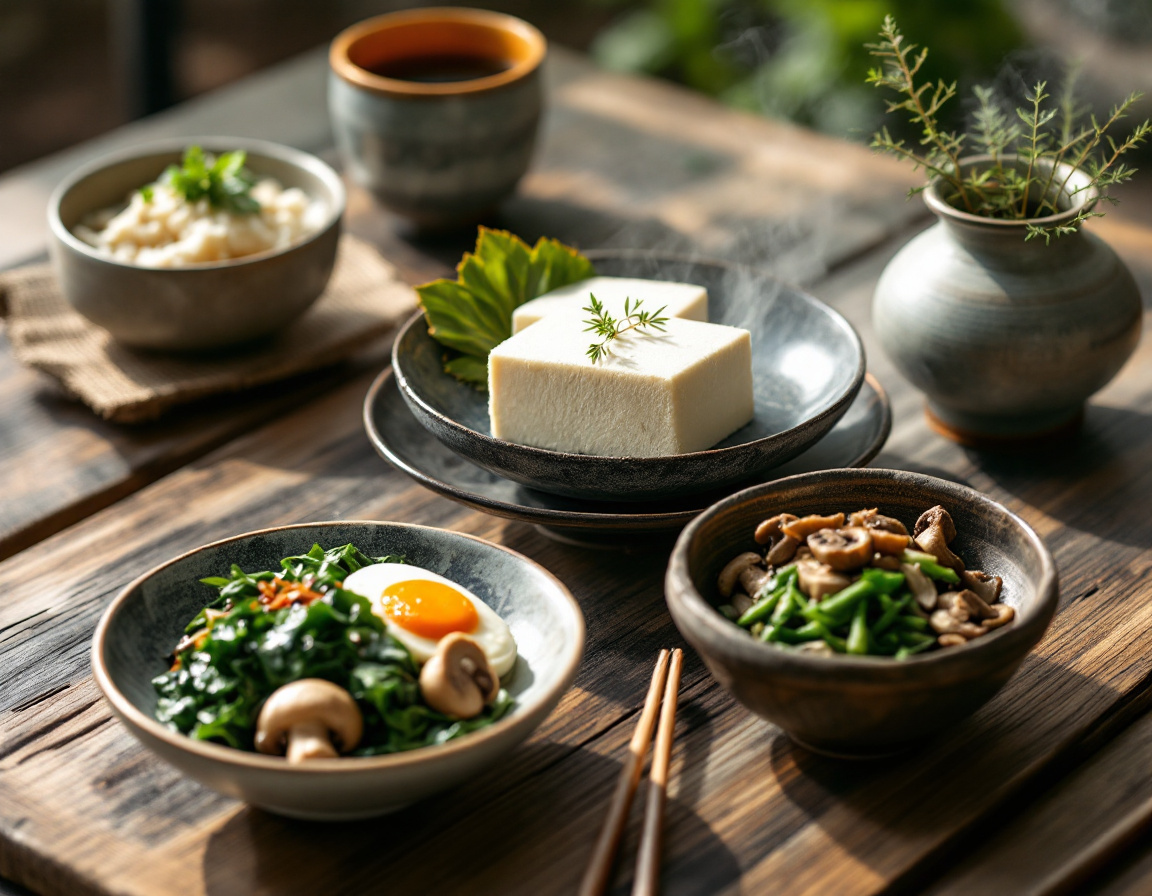 Buddhist temple vegetarian food with tofu, mountain vegetables namul, steamed greens and brown rice in ceramic bowls