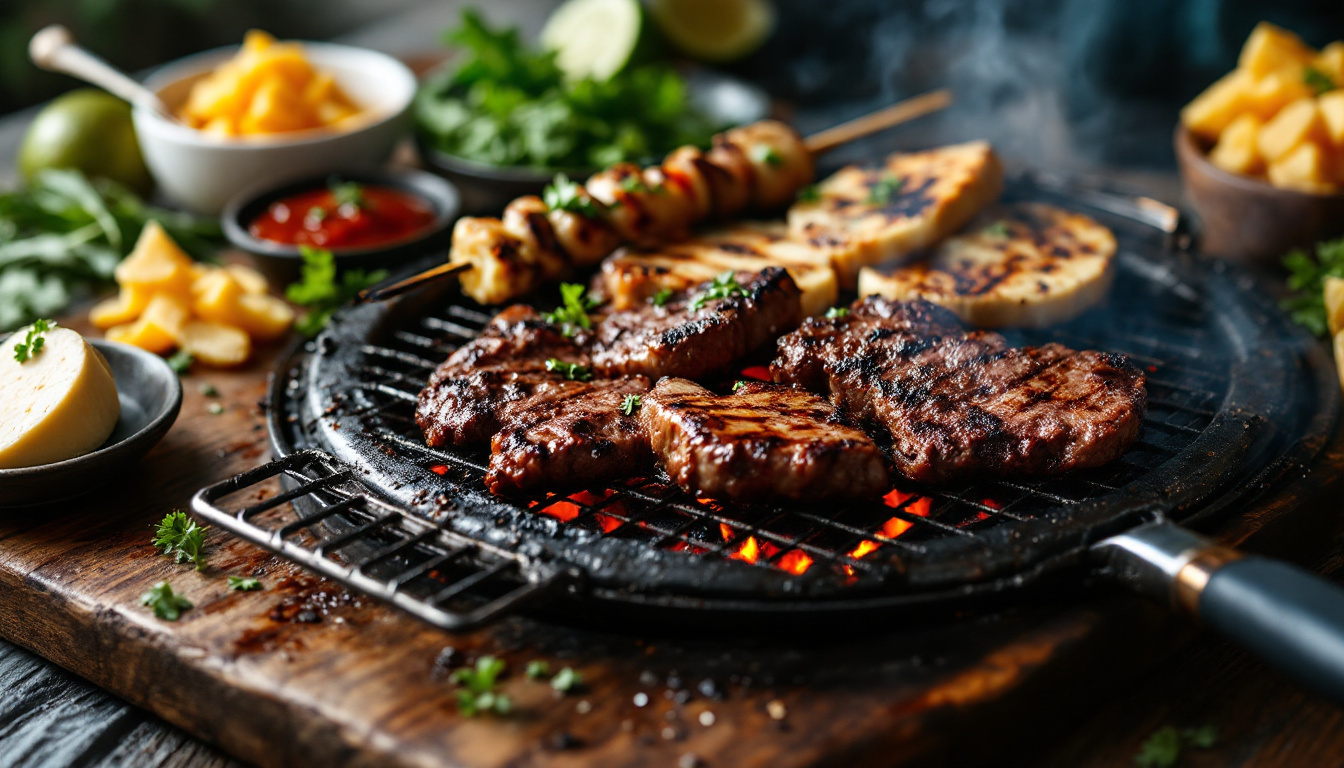 South American churrasco grill with beef skewers over wood fire, chimichurri and provoleta