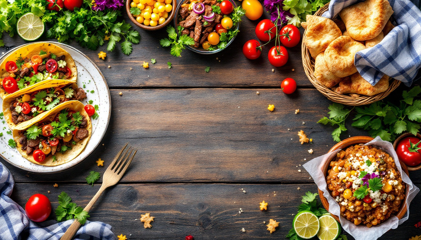 Pan-American food spread with tacos, asado, ceviche, feijoada and arepas