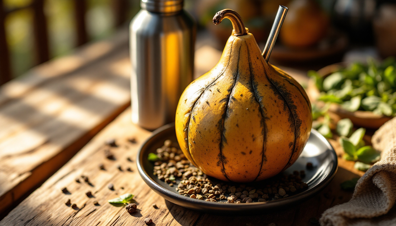 Argentine mate in a traditional gourd with a silver bombilla straw and thermos