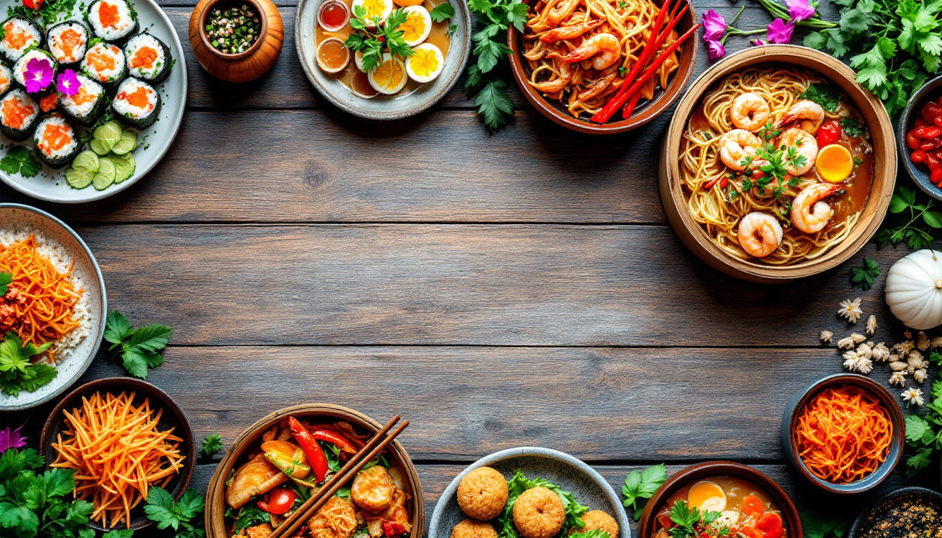Pan-Asian food spread with sushi, pad thai, dim sum, pho and kimchi