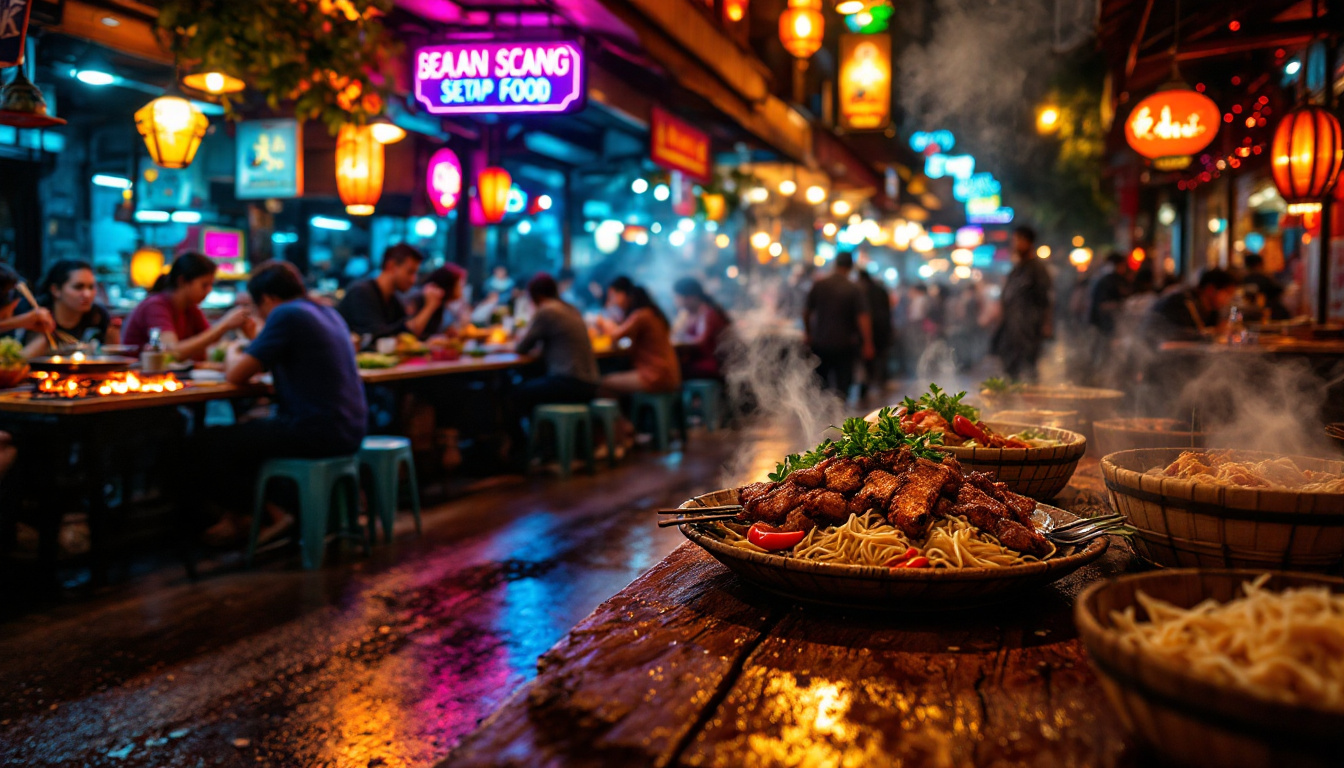 Asian night street food market with woks, skewers, steaming baskets and neon signs