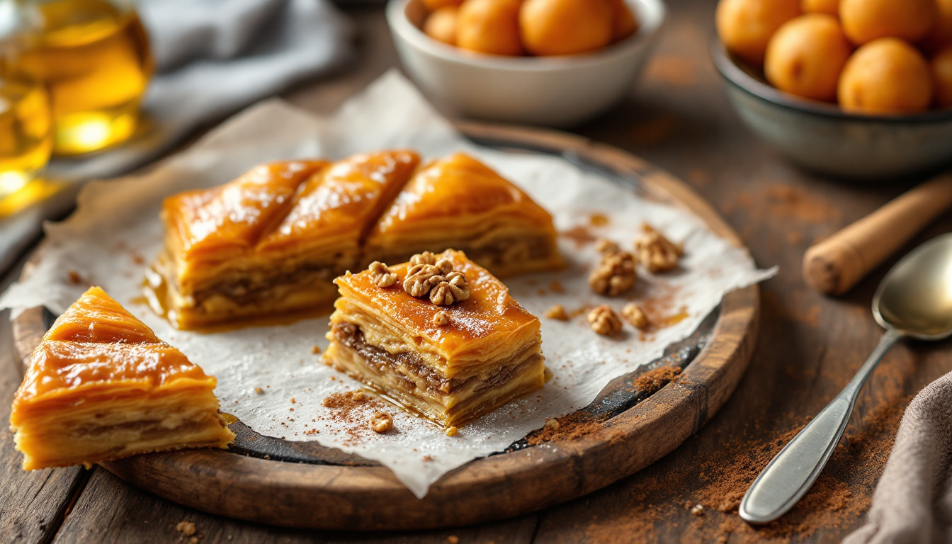 Greek sweets: honey-soaked baklava layered with walnuts and a bowl of loukoumades