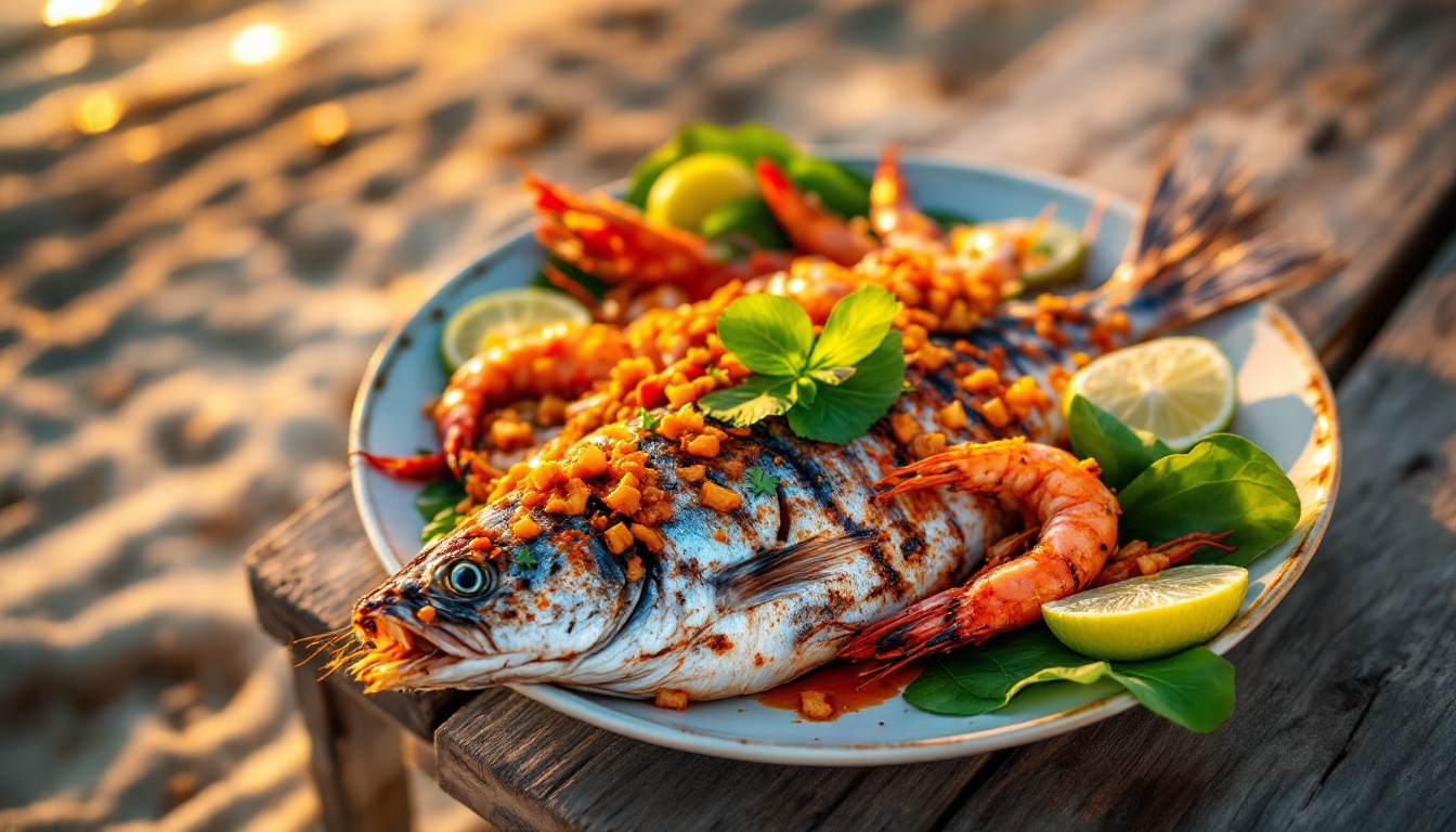 Jimbaran grilled fish and prawns with sambal on the beach at sunset, Bali