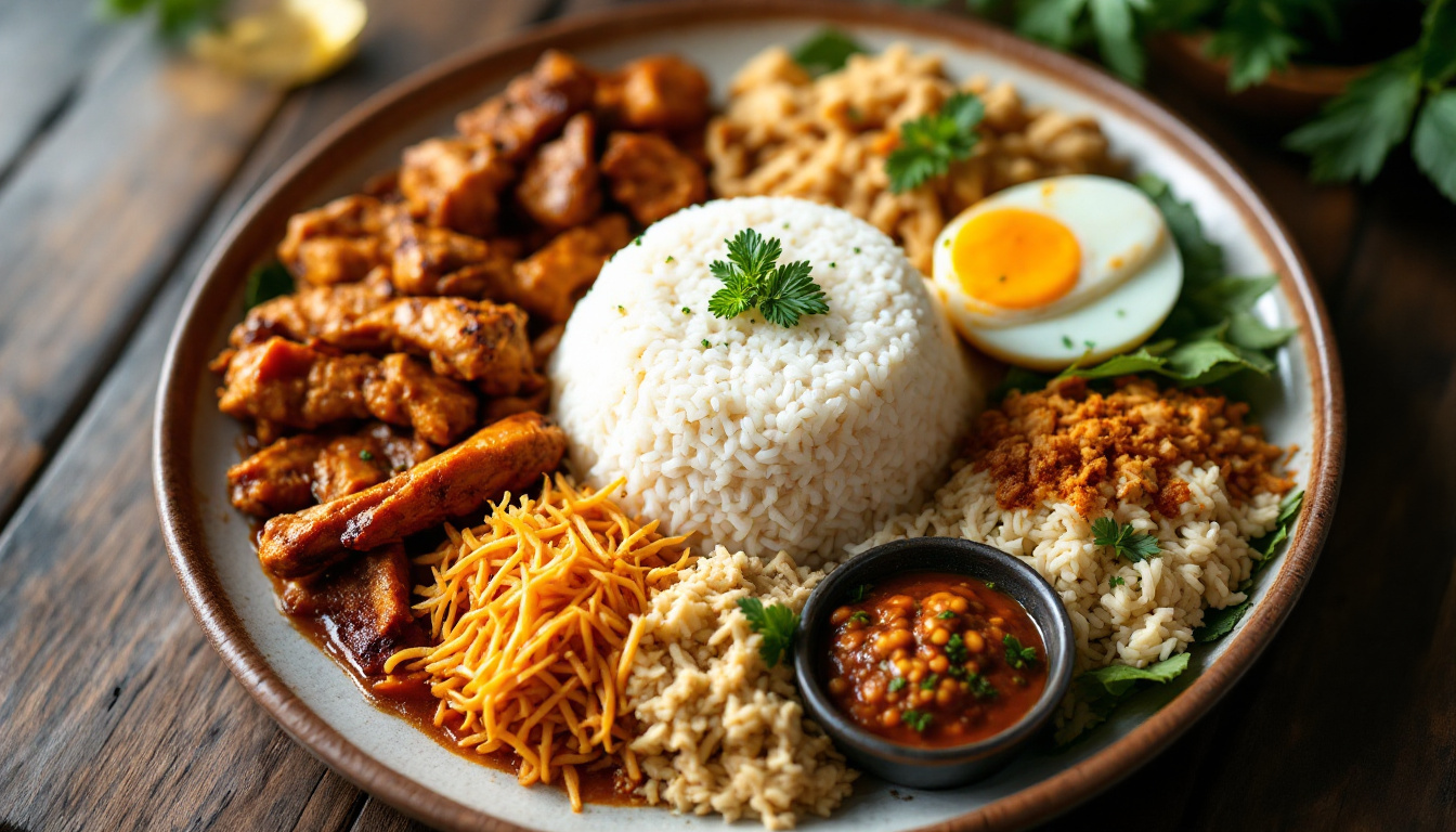 Balinese nasi campur rice plate with sate lilit, lawar, chicken and sambal