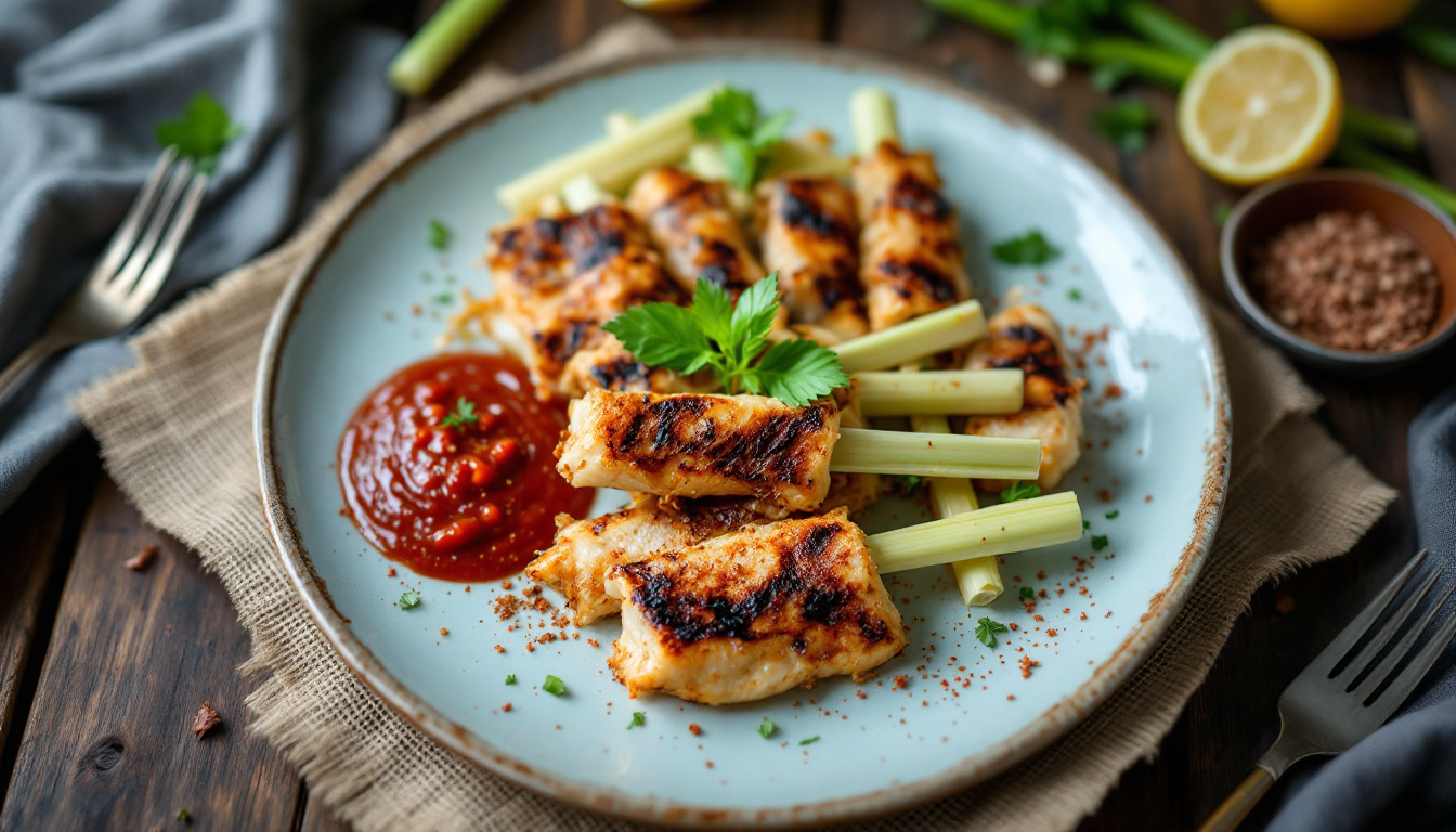 Balinese sate lilit minced fish satay on lemongrass skewers grilled over charcoal