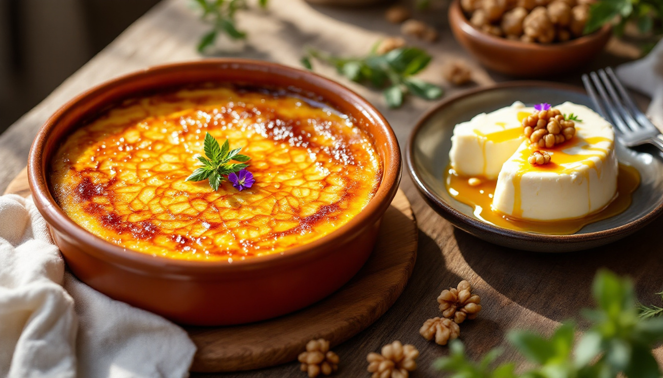 Catalan desserts: crema catalana with a caramelized top beside mel i mato cheese drizzled with honey and walnuts