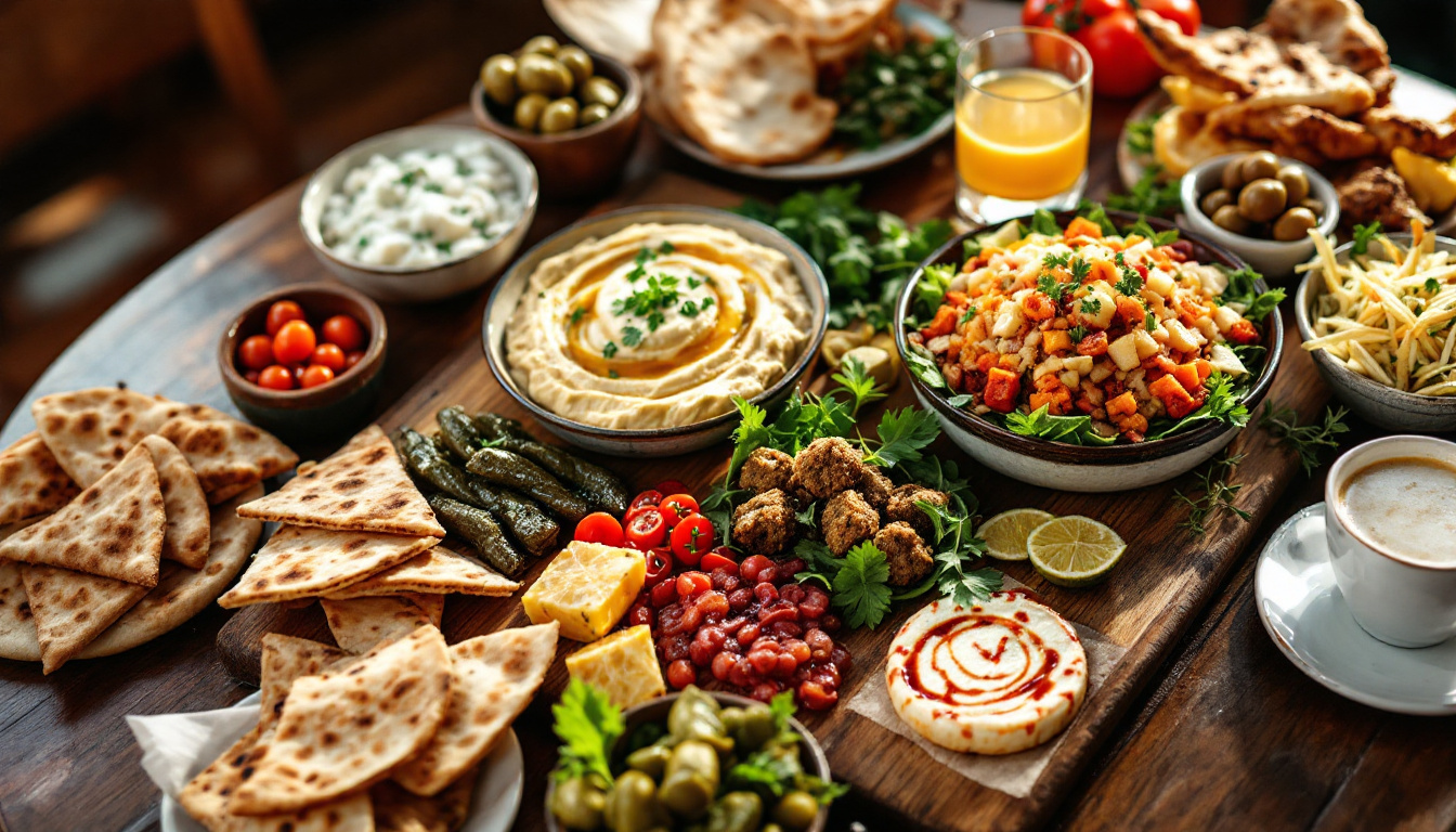 Lebanese mezze spread in Beirut with hummus, baba ghanoush, tabbouleh, kibbeh and arak