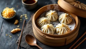 Xiao long bao soup dumplings in a bamboo steamer