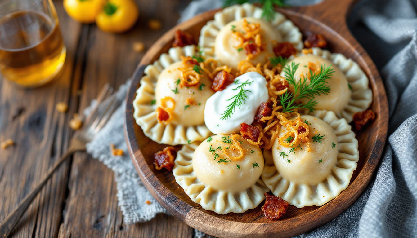 Pierogi, Polish dumplings with fried onions and sour cream