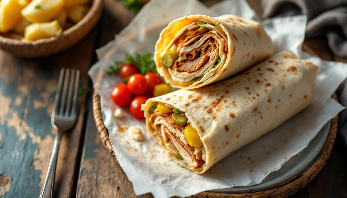 Lebanese chicken shawarma wrapped in thin bread with garlic toum