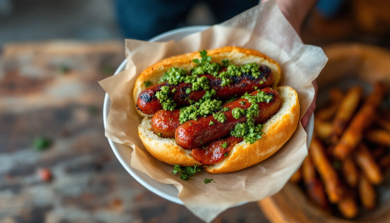 Choripan, an Argentine grilled chorizo sandwich with chimichurri