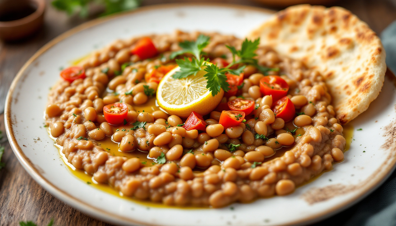 Ful medames, stewed fava beans with olive oil and baladi bread, Cairo breakfast