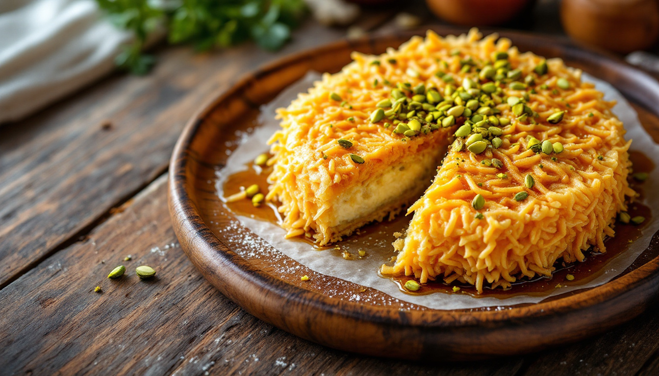 Kunafa, syrup-soaked shredded pastry with cream and pistachios