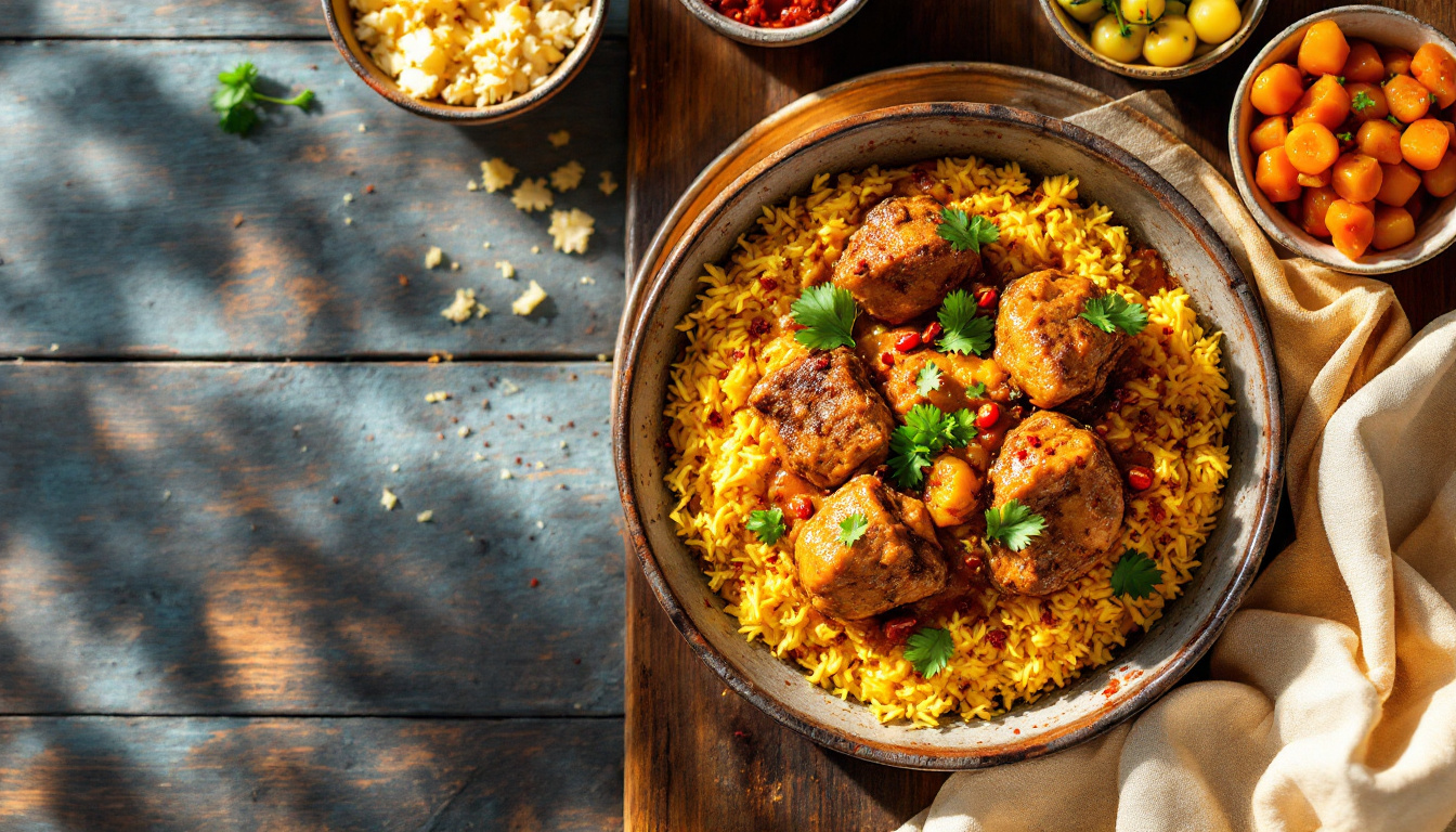 Cape Malay lamb curry with yellow rice and sambals