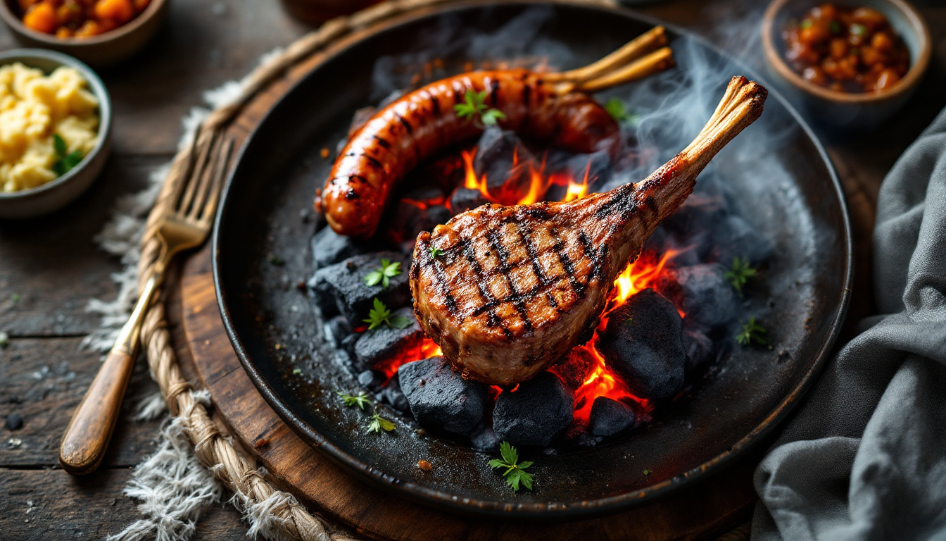 A South African braai with boerewors and lamb chops over the coals
