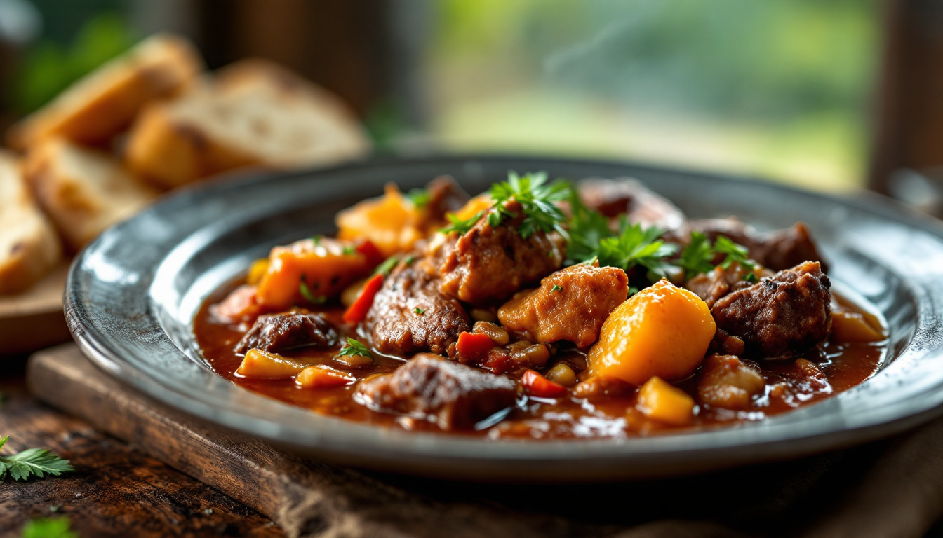 South African potjiekos, meat and vegetable stew in a cast-iron pot