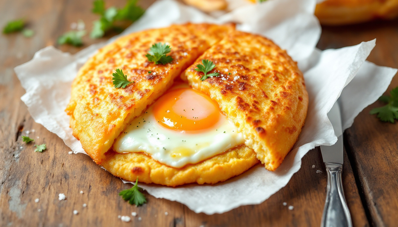 Arepa de huevo, a fried Colombian corn cake with an egg inside