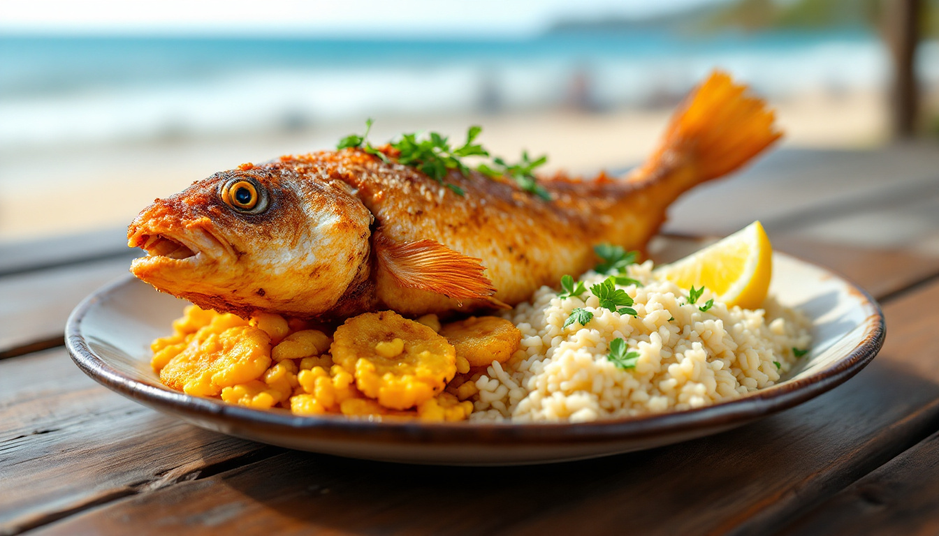 Whole fried fish with coconut rice and patacones, a Cartagena beach lunch