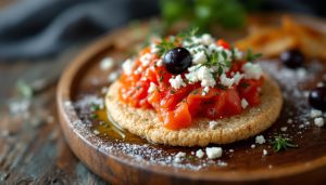 The best food in Crete: dakos, a barley rusk with grated tomato, myzithra and olive oil