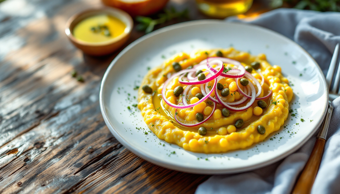 Cretan fava, yellow split-pea puree with onion, capers and olive oil