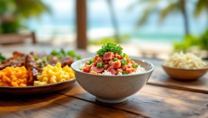 Best food in Hawaii: a fresh ahi poke bowl over rice with sesame and seaweed