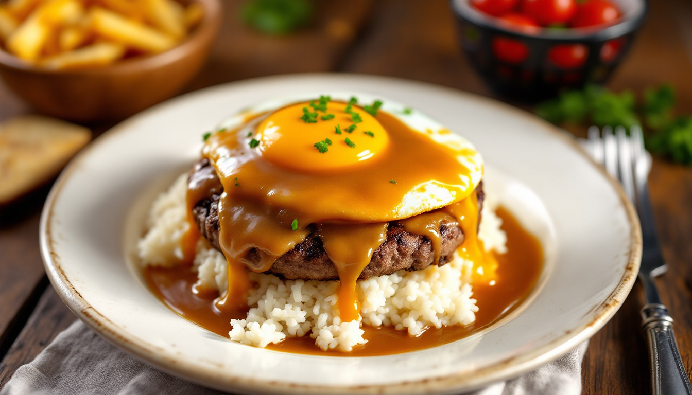 Hawaiian loco moco, rice topped with a burger patty, fried egg and brown gravy