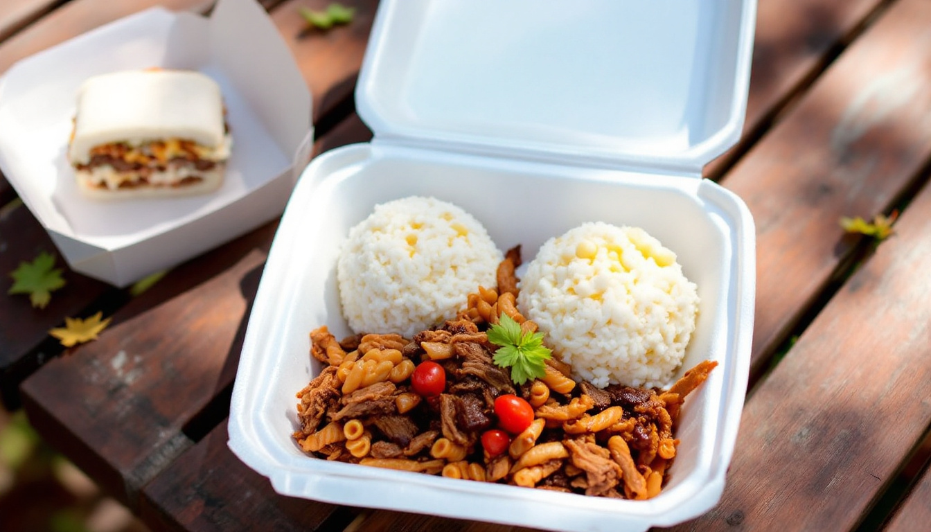 A Hawaiian plate lunch with two scoops of rice, macaroni salad and kalua pork, beside Spam musubi