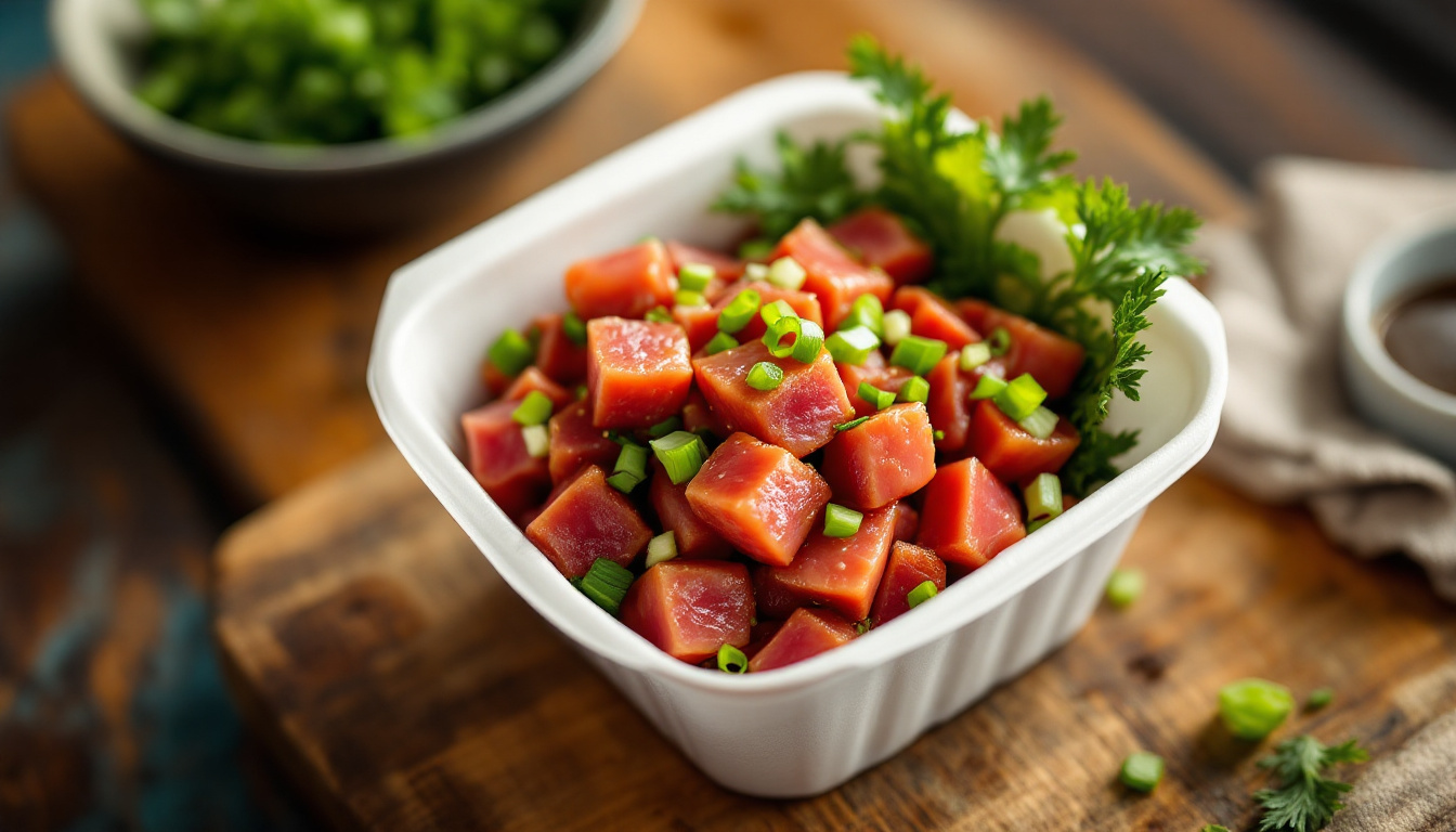 Hawaiian poke, cubed raw ahi tuna with shoyu, sesame and limu seaweed