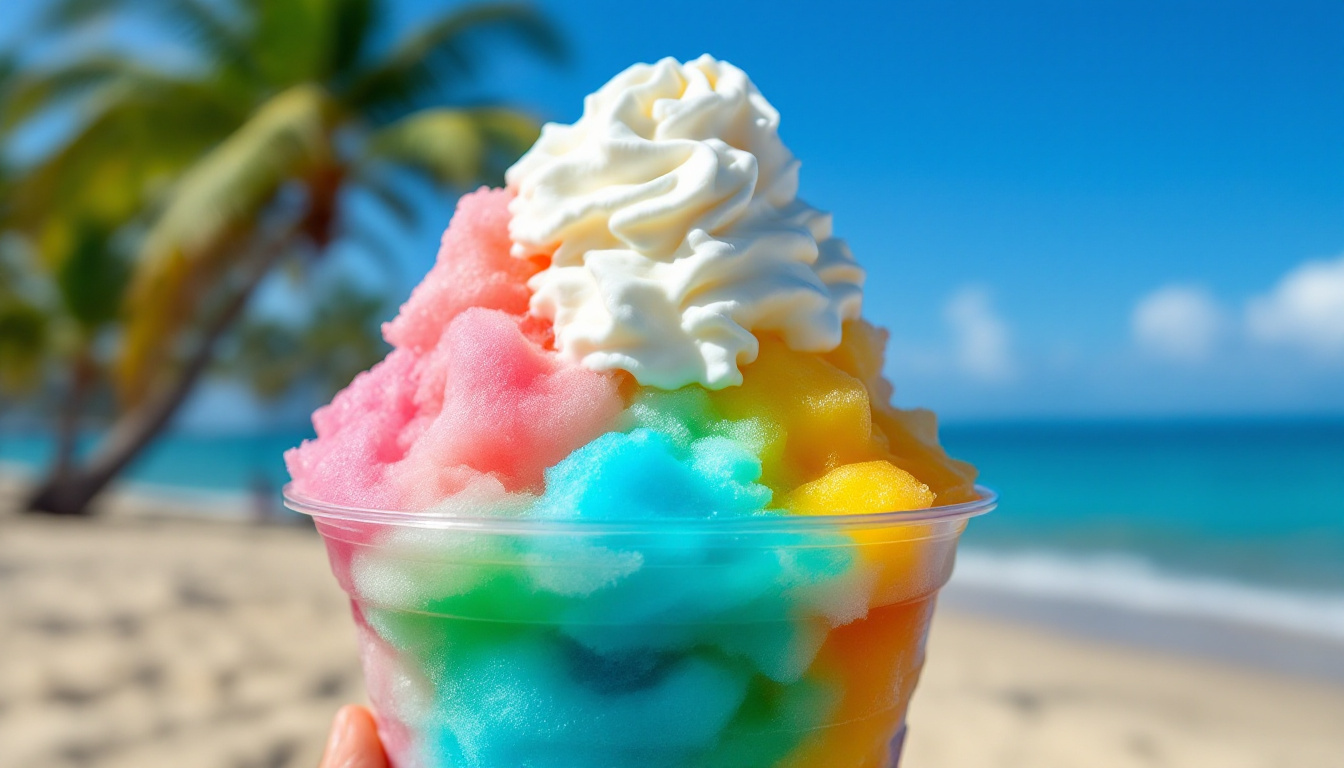 A colourful Hawaiian shave ice with fruit syrups and a snow cap of condensed milk